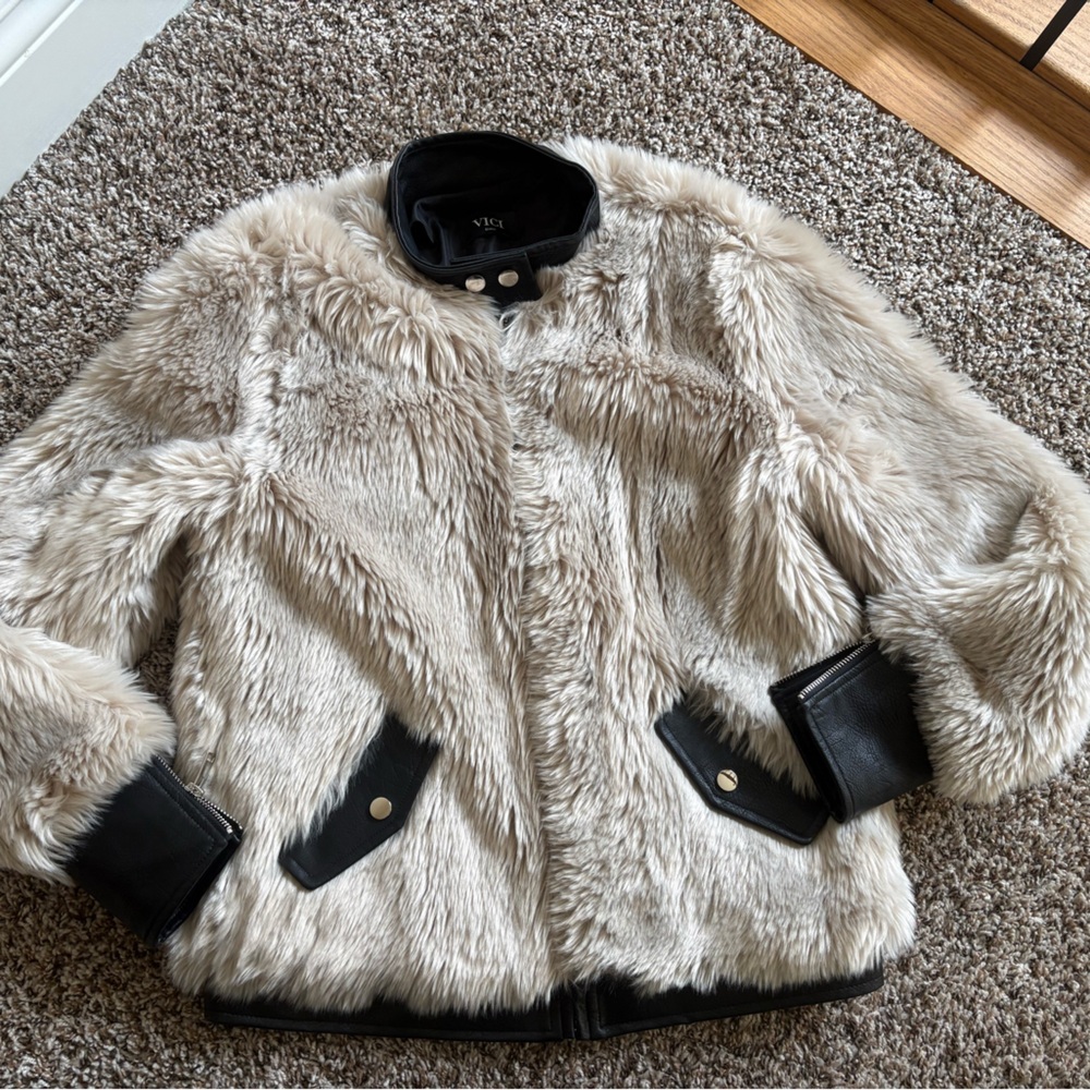 Vicci Collection Cream Faux Fur Teddy Jacket with Black Trim